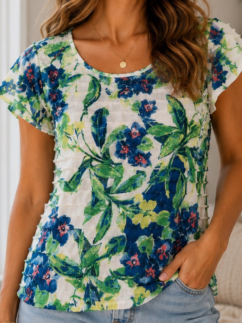 Alfred Dunner Blue & Green Floral Pintuck Top